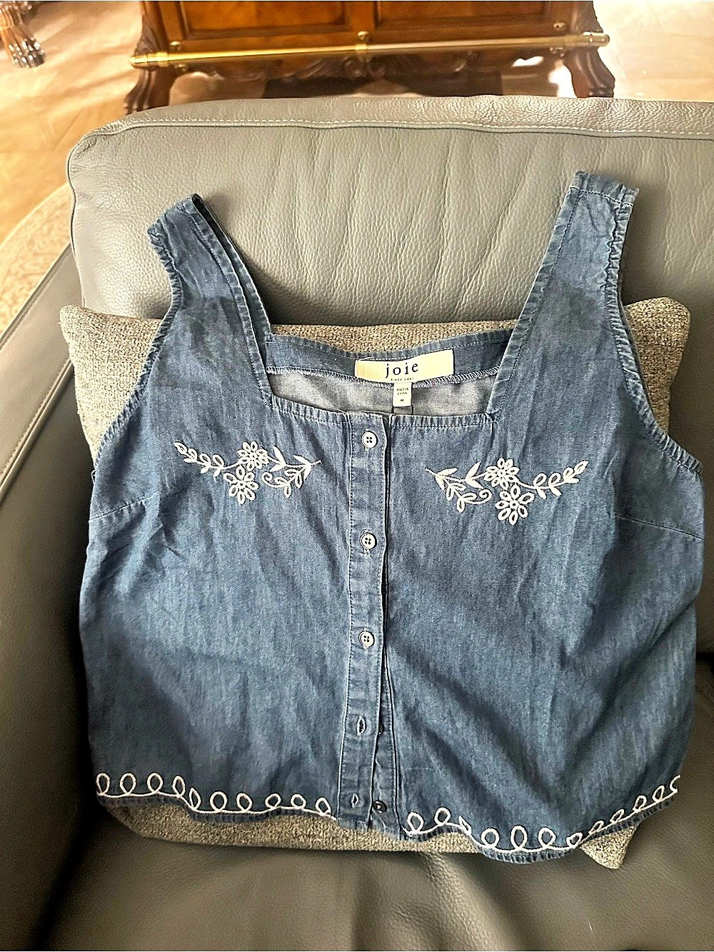 joie Embroidered Denim Tank Top in Blue Embroidered